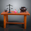 Wooden Table Display With Balance Scale Copper Pot Small Bottles And Spoon