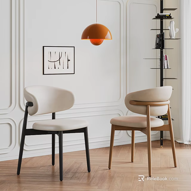 Modern Beige Upholstered Chairs In White Paneled Room With Artwork And Orange Pendant Light 3d model 