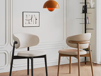 Modern Beige Upholstered Chairs In White Paneled Room With Artwork And Orange Pendant Light 3d model