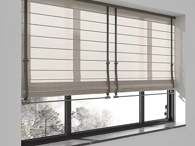 Modern Roman Blinds In Beige Linen Fabric On Window With Natural Light And Trees 3d model
