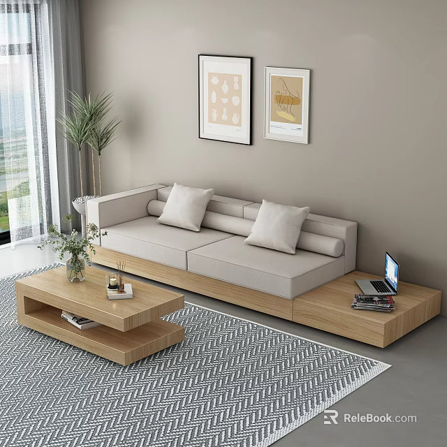 Modern Sofa and Coffee Table Set with Wooden Frame White Cushions and Geometric Rug 3d model 