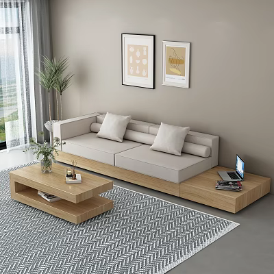 Modern Sofa and Coffee Table Set with Wooden Frame White Cushions and Geometric Rug 3d model