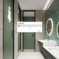 Public Restroom Design with Green Stall Doors White Washbasins and Round Mirrors