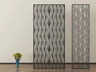 Decorative Room Dividers With Fan Shaped Geometric Patterns In Interior With Vase Green Plants 3d model