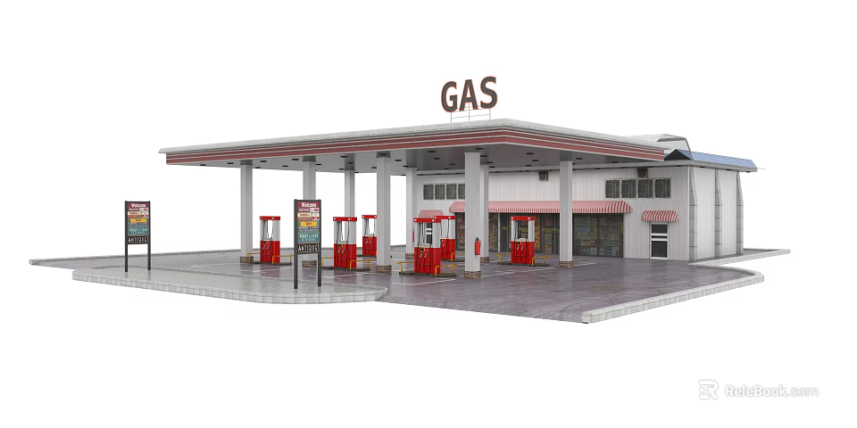 Modern Gas Station With Red Fuel Pumps And White Canopy Building 3d model 