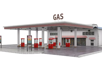 Modern Gas Station With Red Fuel Pumps And White Canopy Building 3d model
