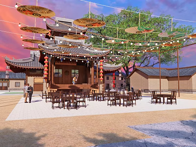 Traditional Chinese Ancient Architecture With Curved Eaves Roof Wooden Structure Hanging Lanterns Umbrella Decorations Tables Chairs 3d model