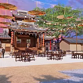 Traditional Chinese Ancient Architecture With Curved Eaves Roof Wooden Structure Hanging Lanterns Umbrella Decorations Tables Chairs