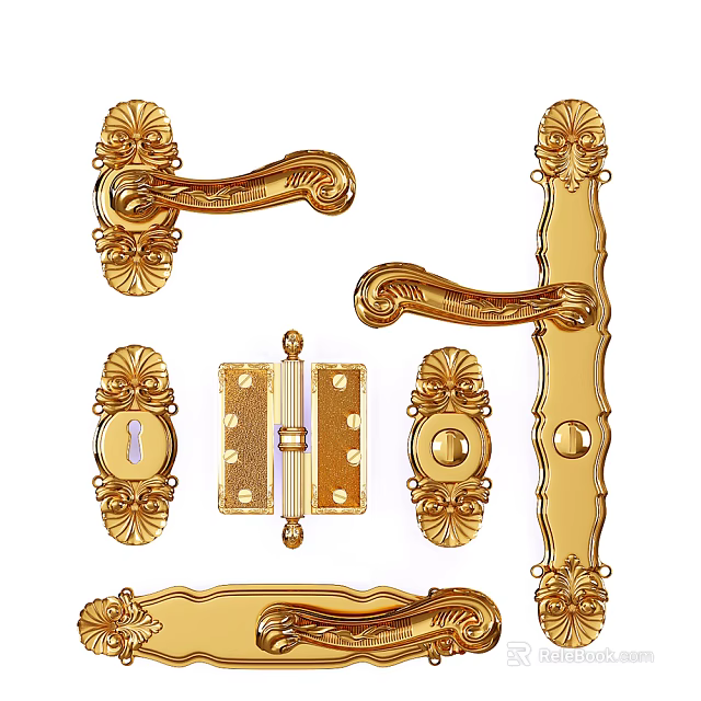 Golden Ornate Door Handles with Decorative Hinges and Keyhole Escutcheons Set 3d model 