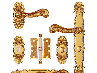 Golden Ornate Door Handles with Decorative Hinges and Keyhole Escutcheons Set 3d model
