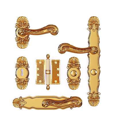 Golden Ornate Door Handles with Decorative Hinges and Keyhole Escutcheons Set 3d model