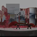 Chinese Style Photo Check In Spot With Red Screens Landscape Paintings Red Fans And Bench
