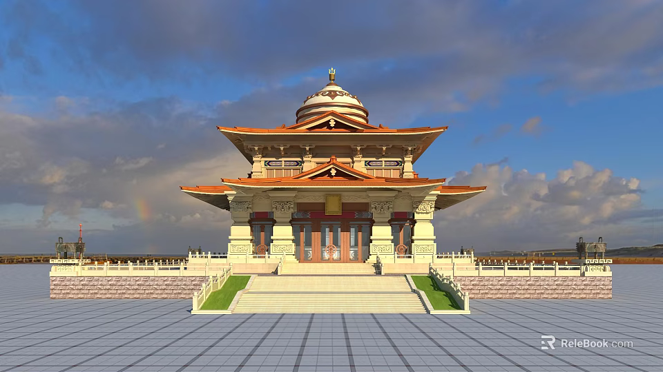 Traditional Temple Architecture With Multi tiered Roof Eaves And Stone Steps In Open Square 3d model 