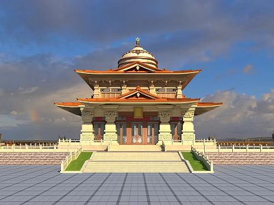 Traditional Temple Architecture With Multi tiered Roof Eaves And Stone Steps In Open Square 3d model
