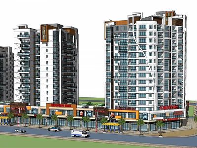 Modern High Rise Residential Buildings Featuring Ground Floor Commercial Shops And Street With Vehicles Trees 3d model