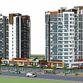 Modern High Rise Residential Buildings Featuring Ground Floor Commercial Shops And Street With Vehicles Trees