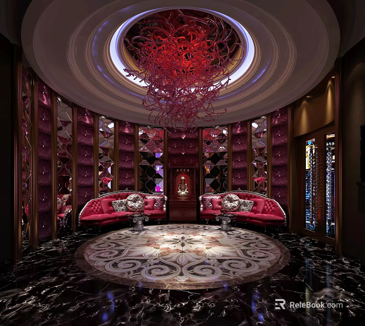 Luxurious Hotel Lobby With Red Chandelier Circular Ceiling Red Sofas Marble Floor And Intricate Carpet 3d model 