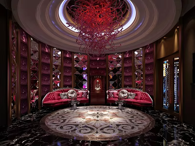 Luxurious Hotel Lobby With Red Chandelier Circular Ceiling Red Sofas Marble Floor And Intricate Carpet 3d model