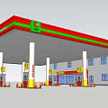 Gas Station With Red Roof White Building Yellow Pillars And Fuel Pumps