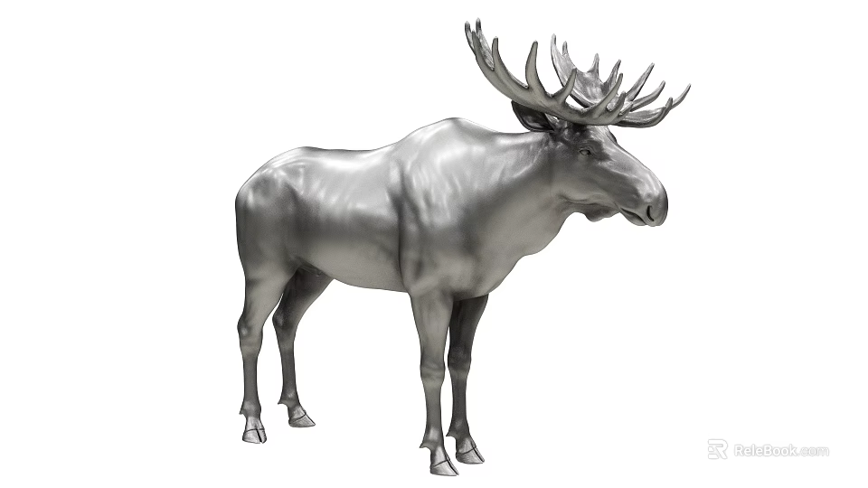 Realistic Metallic Silver Moose Sculpture With Intricate Antlers And Standing Posture 3d model 