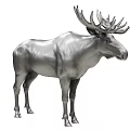 Realistic Metallic Silver Moose Sculpture With Intricate Antlers And Standing Posture