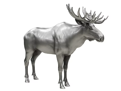 Realistic Metallic Silver Moose Sculpture With Intricate Antlers And Standing Posture 3d model