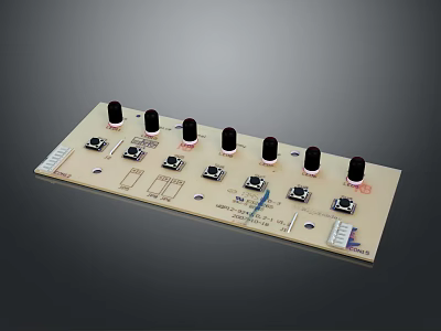 Control Panel with Black Knobs Square Buttons and Labels on Beige Surface 3d model