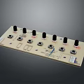 Control Panel with Black Knobs Square Buttons and Labels on Beige Surface