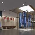 Illuminated Museum Exhibition Hall With Glass Display Cases Showing Traditional Blue White Textiles