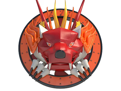 Red Wolf Head Wall Decor With Flame Accents And Black Riveted Circular Frame 3d model