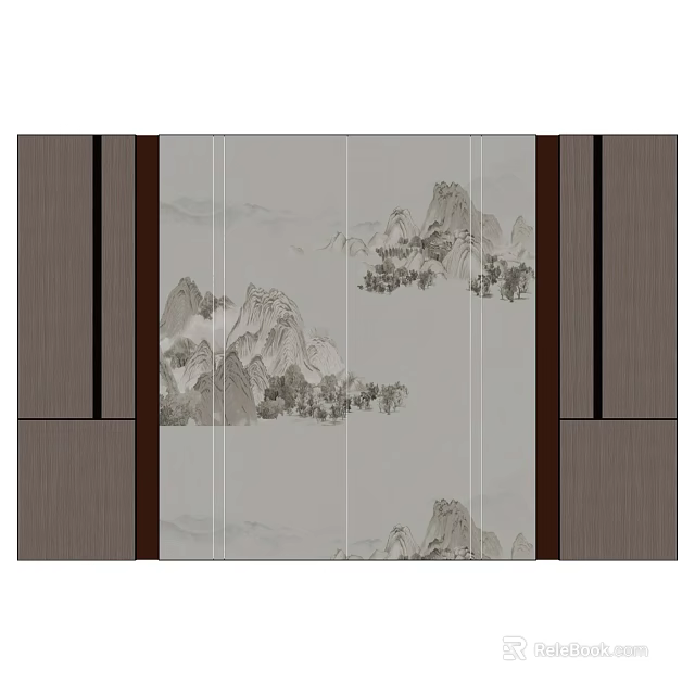 Traditional Sofa Background Wall With Chinese Landscape Painting And Wooden Frame Sides 3d model 