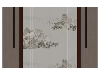 Traditional Sofa Background Wall With Chinese Landscape Painting And Wooden Frame Sides 3d model