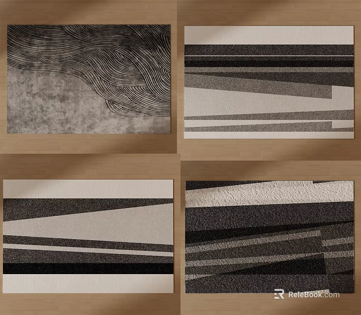 Modern Square Rugs With Geometric Patterns In Black White Gray Tones 3d model