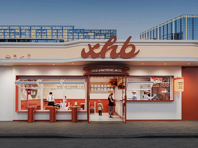 Modern Fast Casual Restaurant Exterior With Signage Customers And Order Counter 3d model