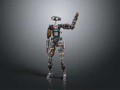 Game Movie Character Robot With Mechanical Design Raised Hand And Metal Parts On Dark Background 3d model