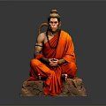 Detailed Seated Figure Sculpture With Orange Robe Topknot And Stone Base