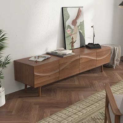 Minimalist Wooden TV Stand With Decor In Modern Living Room 3d model