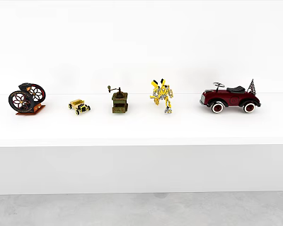 Various Assorted Dolls Displayed On White Shelf With Robot And Car Designs 3d model