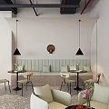 Elegant Modern Café Interior Design With Black Pendant Lights Round Tables And Light Chairs