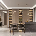 Elegant Modern Dining Living Room Interior With Golden Pendant Lights Wooden Shelves And Dining Table