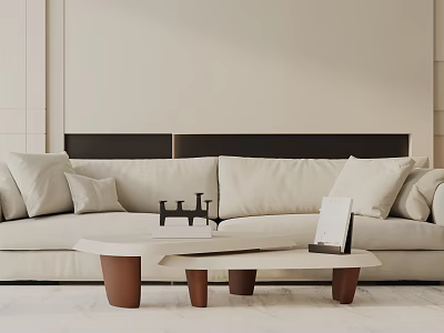 Modern Beige Three Seater Sofa With Plush Cushions And Wooden Coffee Table 3d model