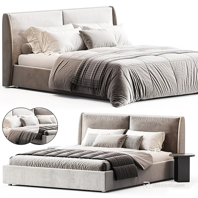Modern Double Bed With Upholstered Headboard And Soft Neutral Linen Bedding Design 3d model 