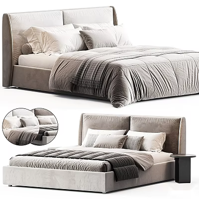 Modern Double Bed With Upholstered Headboard And Soft Neutral Linen Bedding Design 3d model