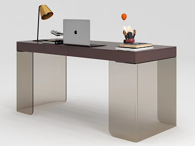 Modern Desk With Dark Wood Top Clear Acrylic Legs Laptop Table Lamp And Decorative Items 3d model