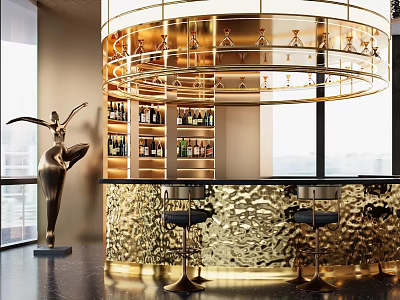 Luxurious Bar Interior With Golden Counter Wine Racks Glasses And Black Stools 3d model