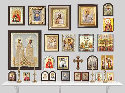 Framed Religious Icon Paintings In Multiple Sizes Displayed With Cross And Candlesticks On Shelf 3d model
