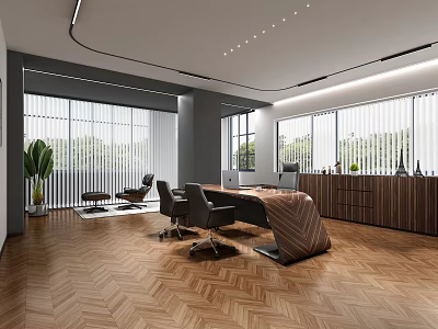 Modern Office Interior Design With Herringbone Wooden Floor Desk Chairs And Window Blinds Plant 3d model
