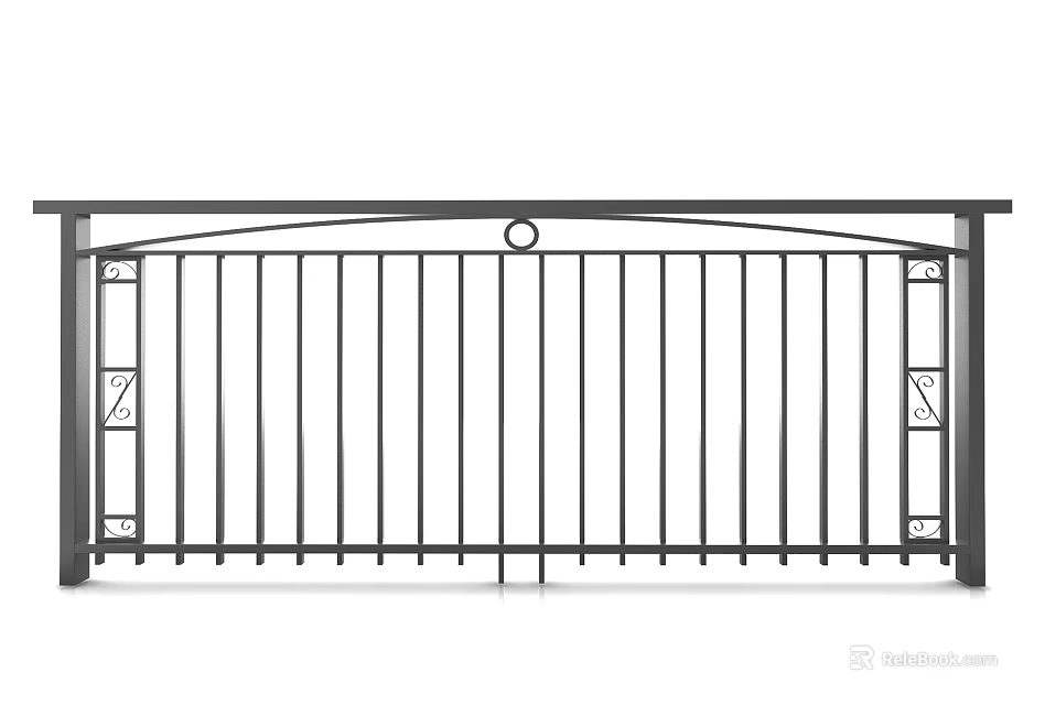 Black Iron Ornate Gate With Vertical Bars Circular Center And Decorative Panels 3d model 