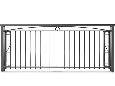 Black Iron Ornate Gate With Vertical Bars Circular Center And Decorative Panels 3d model