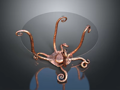 Copper Octopus Shaped Decorative Stand With Curved Tentacles And Glass Top 3d model